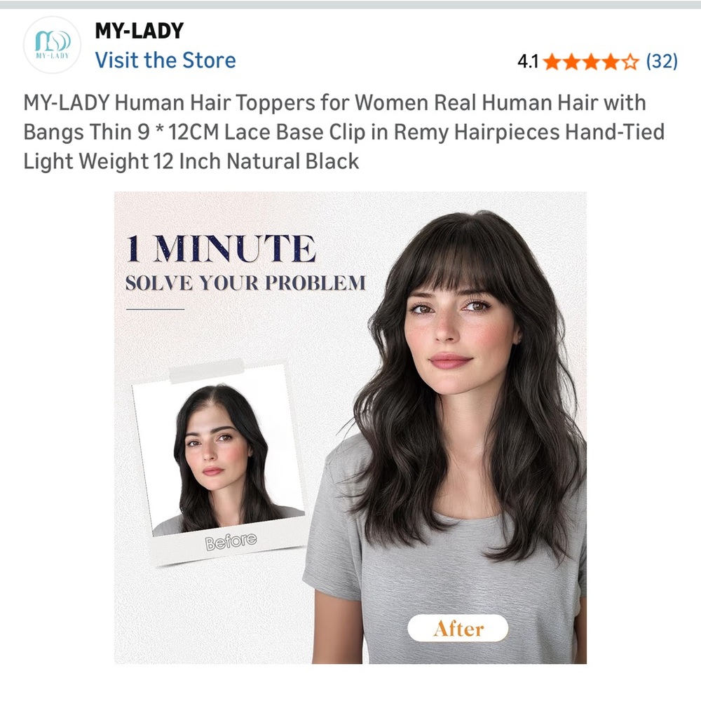 #16 My-Lady Natural Black Human Hair Topper with Bangs - 12 Inch